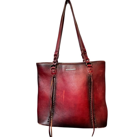 Montana‎ West Leather Tote Bag Burgundy Braided Fringe Zipper Top - Picture 3 of 16